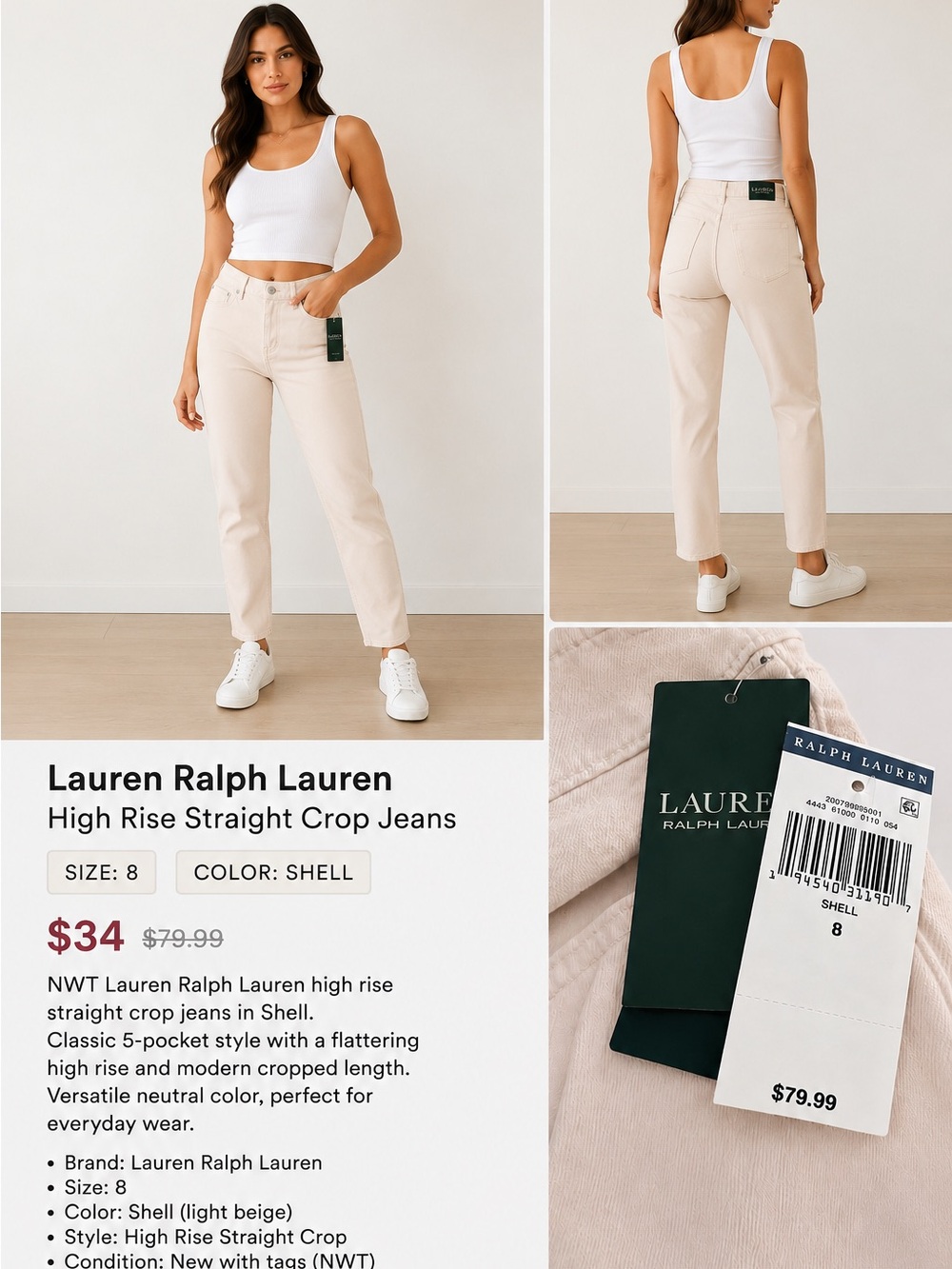 🌟 NWT Lauren Ralph Lauren High Rise Straight Crop Jeans 🌟